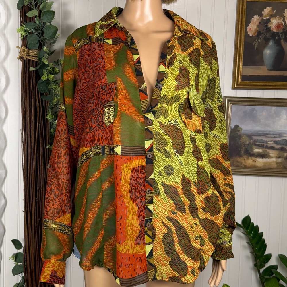 Y2K Just One Button Up Shirt Womens 1X Animal Print Cage Back